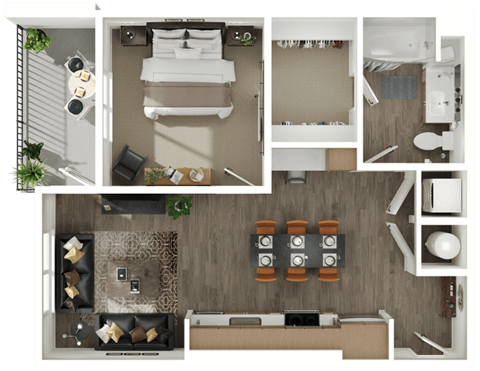 a 3d rendering of a bedroom with a bathroom and a living room